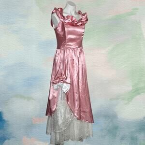 Pink Satin Princess Dress Fairy Costume Cottagecore Prom Gown Lace, Sz Small